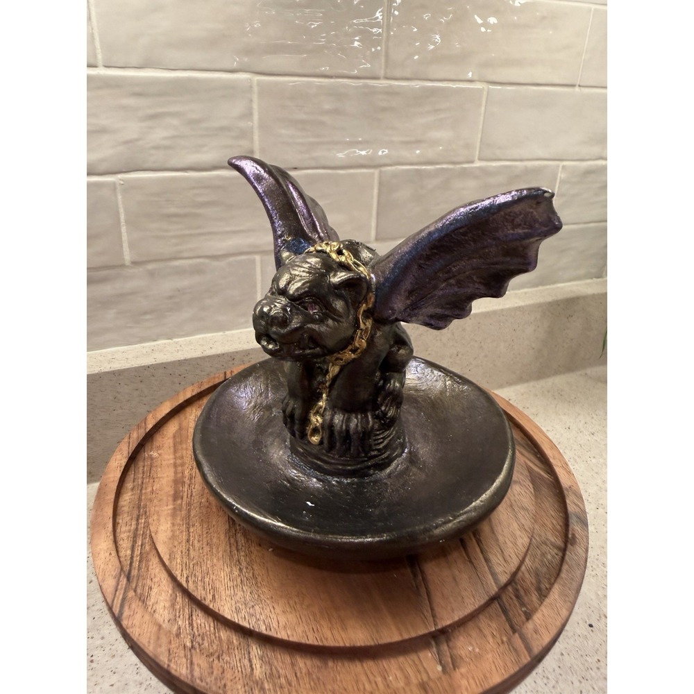 Gothic Winged Gargoyle Trinket Dish Catchall Tray Purple Wings Gold Chain Resin